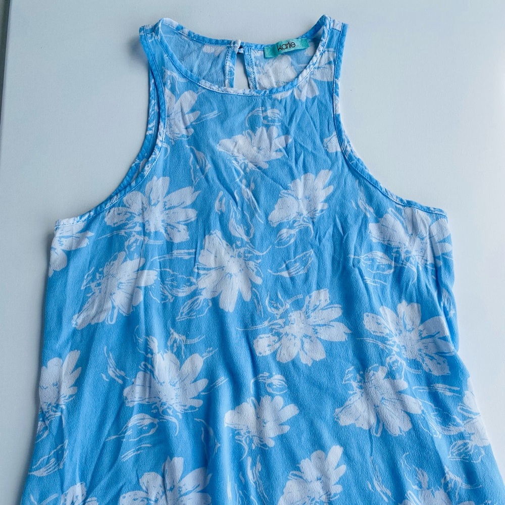 Blue and White Floral Tank Top with Tropical Vibes